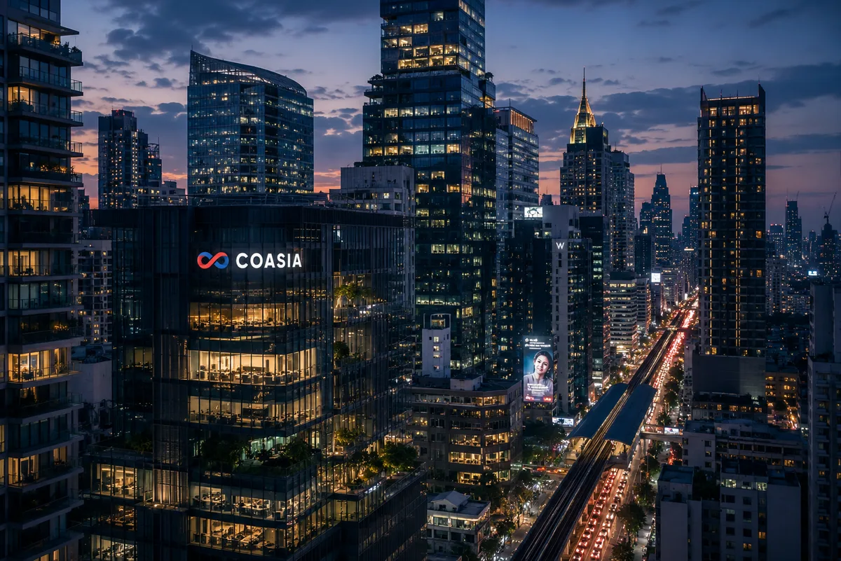 Coasia office building lit up at dusk in a Southeast Asian city skyline