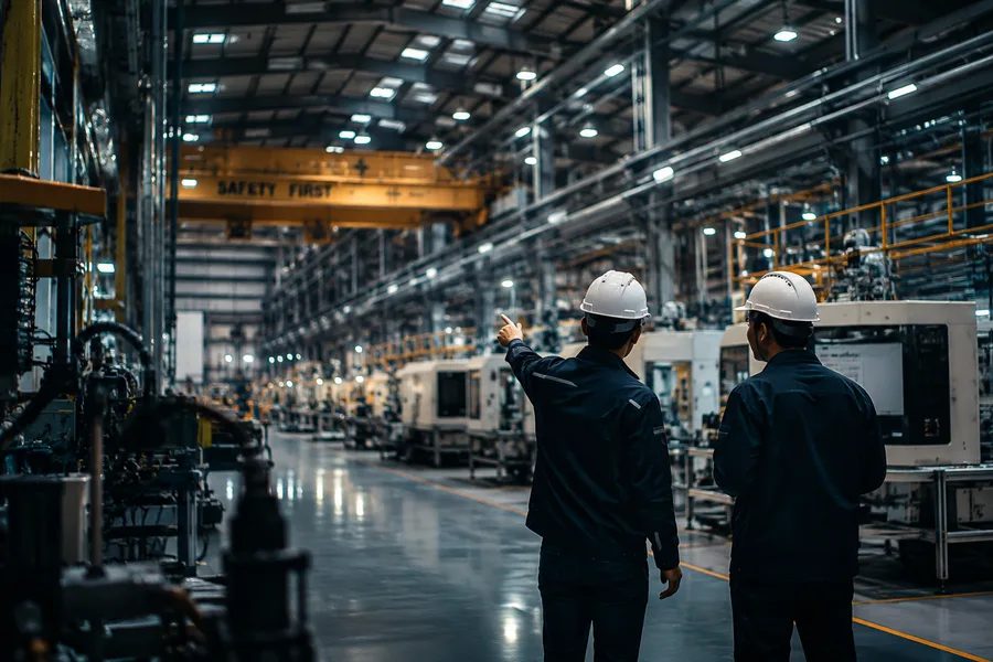 Two engineers reviewing operations on a factory floor