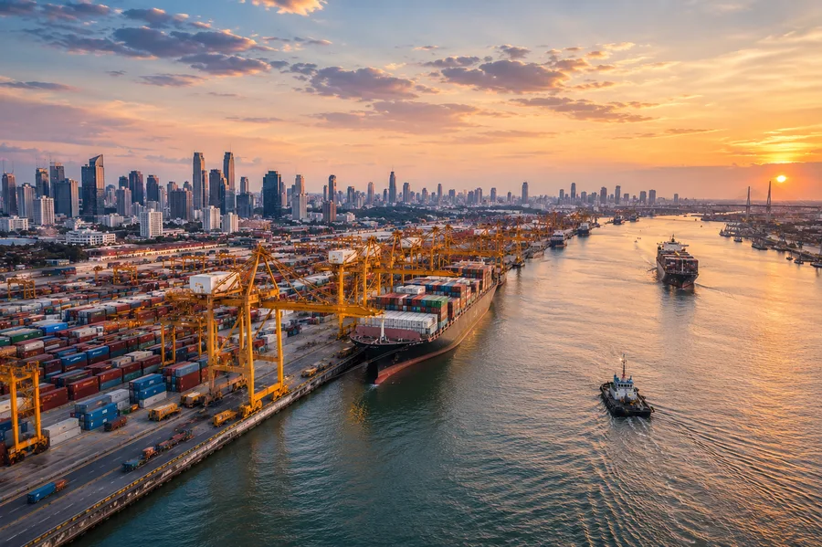 Container port at sunset
